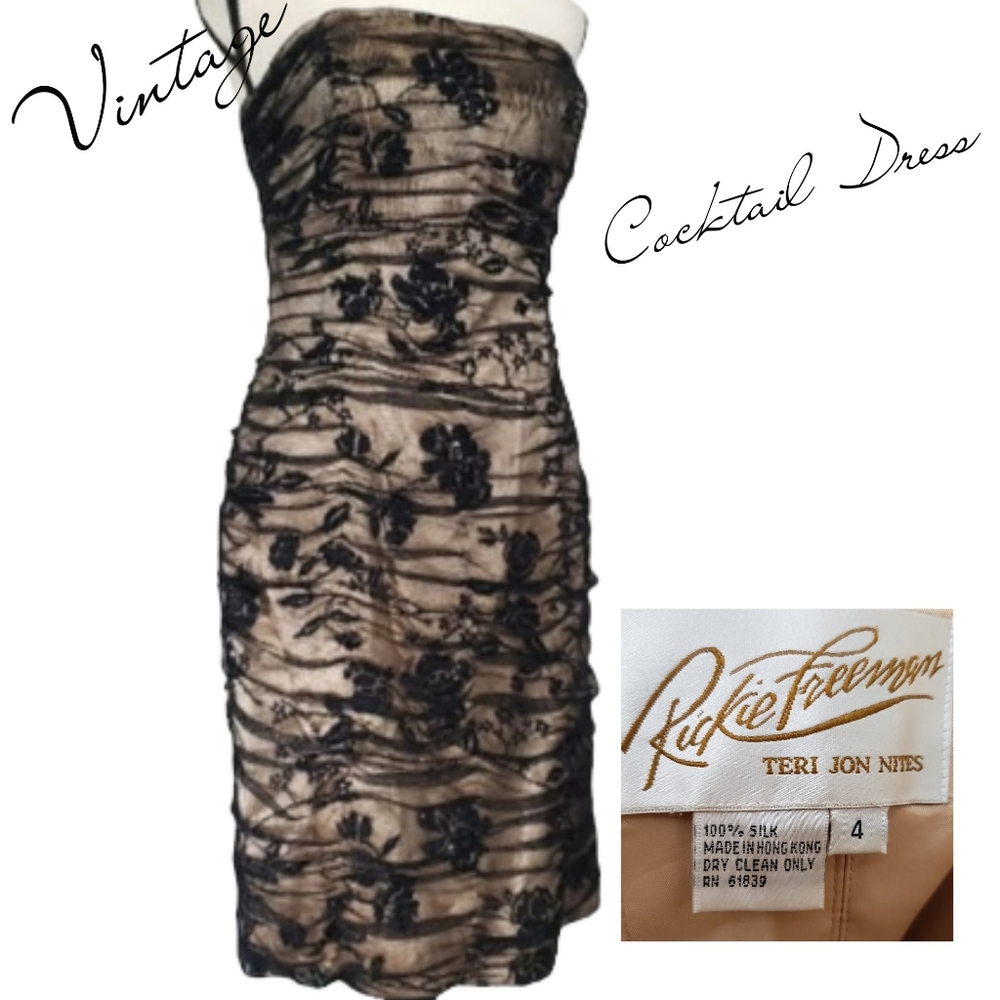 Rickie Freeman Teri Jon Nites Strapless Silk Nude w/ Black Lace Cocktail…